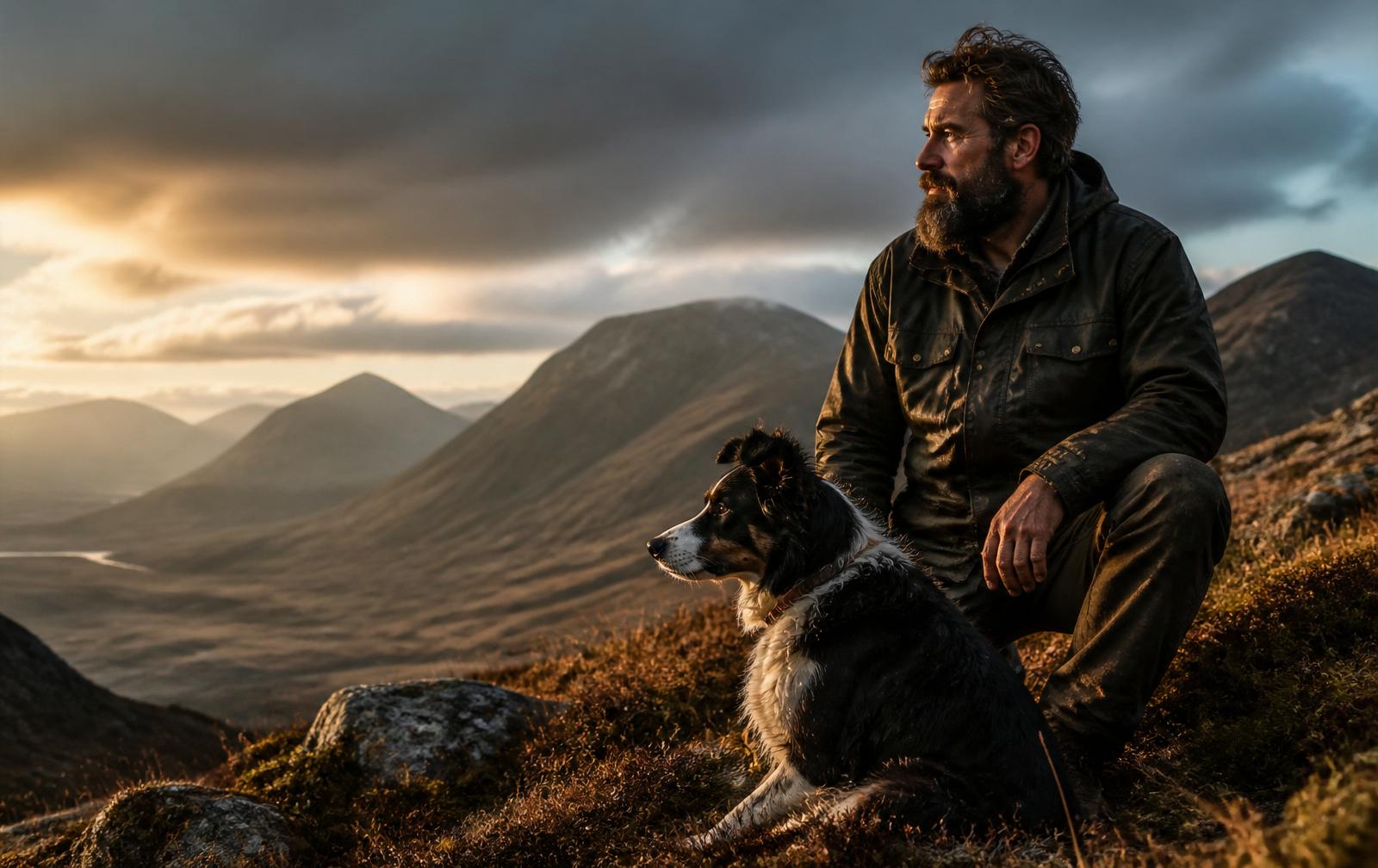 Bearded outdoorsman and his working border collie on a windswept Scottish coastline
